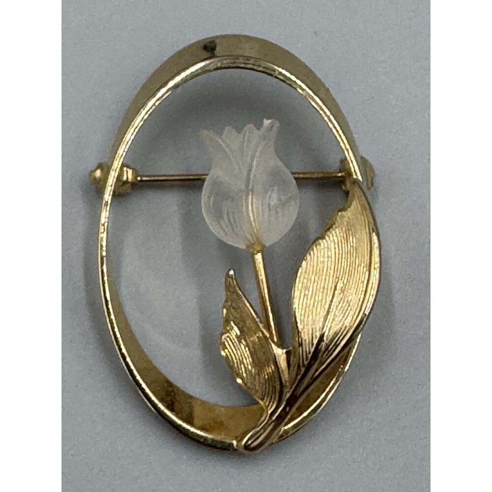 Vintage Clear Tulip Flower In Gold Colored Oval Brooch Pin